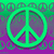 A pixelated peace symbol icon with a green outline and purple fill, set against a gradient background transitioning from teal to magenta.