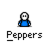 A 5x5 contact sheet of pixel art frames showing a blue-shirted character with white head and red facial features in various poses, including raised hands, blushing cheeks, steam from ears, and small red accents above the head.