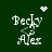 Pixelated white text 'Becky' and 'Alex' on dark green background with animated heart or starburst above each name.