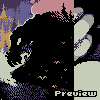 Pixel art silhouette of a figure with flowing hair against a colorful abstract background featuring purple, pink, and beige tones.