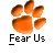 Two orange paw print icons with "Fear Us" text below each, next to red and black promotional text for badassbuddy.com on a gray background.
