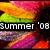 A colorful, pixelated flower with layered petals in yellow, green, pink, purple, and orange, featuring the text 'Summer '08' overlaid on the left side.