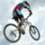 A pixelated figure rides a bicycle, wearing a helmet with red, blue, and yellow sections and a light blue shirt against a light gray background.