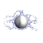 A spherical object with a metallic sheen surrounded by shifting, branching light trails in shades of blue and white against a gray background.
