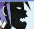 Animated sequence of a stylized character with purple hair and black face, showing mouth movements against light blue background.