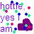 Pixelated text reads 'hotte yes i am' with scattered colored dots and a purple heart shape on a light background.