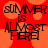 Red and orange pixelated background with black text reading 'SUMMER IS ALMOST HERE' in a stylized font.