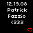 Black background displays white text '12.19.08 Patrick Fazzio <333' repeated in a with red heart symbols, transitioning to a gray rectangle in the bottom-right corner