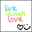 Pixelated static icon with three stacked words in gradient colors and a black-and-white heart symbol on white background.