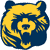 Yellow and dark blue pixelated icon featuring a stylized animal head with ears, a central gear-like shape, and a curved tail on a dark blue background.