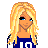 Pixel art buddy icon featuring a blonde woman in sports attire with blue background and scattered white letters spelling 'SPORTY' partially visible.