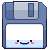 Pixelated floppy disk icon with blue casing, white label area, and a smiling face composed of black eyes, pink cheeks, and a dark blue mouth.