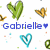 Pixelated green hearts, yellow butterflies, and cyan hearts float over a white background with scattered colored dots, while blue text reads 'Gabrielle' with a heart symbol and 'Thats Me :]'.
