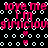 Pixelated pink text and white circles on black background with small red hearts, repeating 'love me i'm gemicious' in a pattern