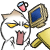 A 50x50 pixel animated buddy icon featuring a white cartoon cat with yellow eyes and pink tongue, holding a blue diamond-shaped object in its left paw while a small red-and-blue heart hovers above its head.