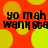 Red background with yellow circles and black text reading 'yo mah wank sta' repeated in two