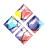 A 3x3 grid of pixelated animated buddy icons with colorful geometric shapes and abstract patterns on a gray background.