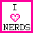 Two side-by-side pixel art frames of a buddy icon showing "I ❤️ NERDS" with pink heart and black text on white background, one frame bordered in bright pink, the other in black.