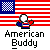 Pixelated icon with American flag background, cartoon character torso, and 'American Buddy' text below.