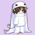 Pixelated figure in white hooded outfit with brown mustache, standing against light purple background.