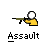 Pixelated character in yellow shirt holding green rifle with white circular head, two states showing muzzle flash animation, text below reads 'Assault' with underscore.