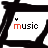 black and white stylized shapes with the word 'music' in various colors, each shape containing a small heart symbol above or below the text