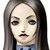 Pixelated female face with long dark hair, closed eyes, and a blue garment visible at the bottom of the frame.