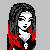 A 2x2 contact sheet of four pixel art frames featuring a gothic character with red-streaked hair, black clothing, and skull motifs alongside a flaming 'Korn' logo.
