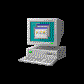 Pixelated computer monitor and keyboard icon with blue screen displaying 'AOL' text, transitioning through explosion effects and disintegration into scattered fragments.
