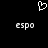 Pixelated white heart symbol above two identical 'espo' text blocks on black background.