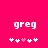 Pixelated white text 'greg' on bright pink background with five heart symbols below, two variations of the hearts show different animation states.