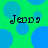 Green background with blue circles and four instances of the text 'Jeddy' in dark blue pixelated font.