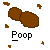 Pixelated brown poop emoji with scattered fragments and the word 'Poop' in bold black-and-white text on a gray background.