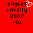 Red background with black pixelated text reading 'eAgLeS vArSiTy 2007 r0x' and a white pixelated heart symbol replacing the 'S' in 'eAgLeS' on the left side.