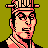 Pixelated 48x48 static icon of a character with pinkish skin, black hair, and sunglasses against olive green background.