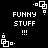 Black background with white pixelated text "FUNNY STUFF !!!" and four corner icons showing a sequence of square shapes.
