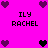 Pixelated icon with bright pink background, purple and black heart symbols arranged in a pattern, and repeated text "ILY RACHEL" in blocky font