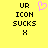 Yellow background with black pixelated text 'UR ICON SUCKS X' and a pink heart icon above the right side of the text.