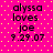 A bright pink background with yellow dots contains four identical text blocks reading 'alyssa loves joe 9.29.07' in black pixelated font.