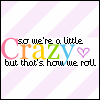 nine shows a static image with pink and white diagonal stripes, text reading 'so we're a little Crazy but that's how we roll', and a small purple heart symbol