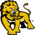 Pixelated yellow lion with black outlines, open mouth showing white teeth, raised front paw, curled tail, and visible eye on white background.
