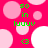 A bright pink background with scattered light pink and white circles, featuring green text elements arranged in vertical