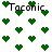 Green pixelated hearts and the text 'Taconic' appear in a pattern on a white background with some heart shapes missing or altered