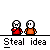 Pixel art animation of two figures with white faces and red/orange clothing, one holding a yellow star, performing sequential actions under text.
