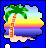 Pixel art buddy icon with beach scene above and character below, text "so long summer" on right.