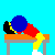 Pixelated animation of a character with blue hair performing bench press on an orange weight bench against cyan background.