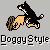 Pixelated dog in black and tan with white markings, standing on hind legs holding a brown object, mouth open showing teeth.