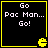 Four identical black square with yellow borders display white pixelated text "Go Pac Man... Go!" and a yellow Pac-Man character icon in the bottom-right corner of each