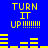 Blue background with yellow pixelated text and shapes forming a repeating pattern of 'TURN IT UP !!!!!!!!' and horizontal bars.