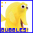 Animated yellow fish with large eyes and open mouth, surrounded by colored squares in corners, text 'BUBBLES!' at bottom.